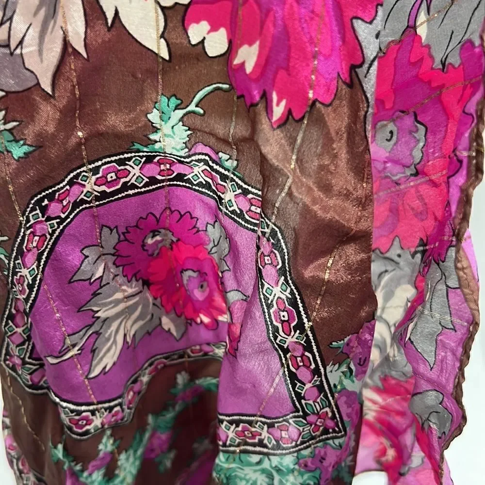Oscar De la Renta brown and purple silk scarf with metallic details